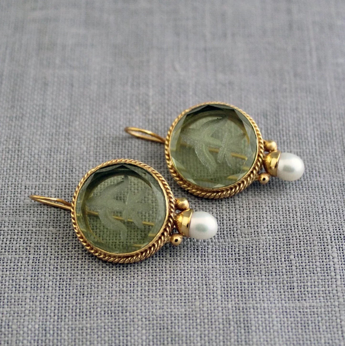 Penelope Vintage Earrings with Green Stone and Pearl